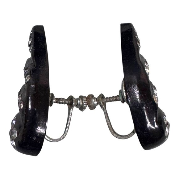 Vintage Black Clip-On Earrings Lucite Angel Wings Screw Back Rhinestone Accents - Picture 3 of 7